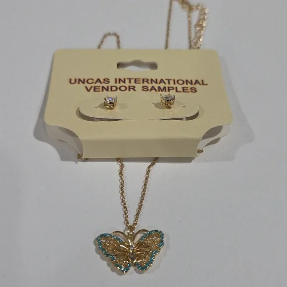 Gold Turquoise Butterfly Pendant Necklace & Stud Earrings Set  – Women’s Jewelry - Picture 8 of 8